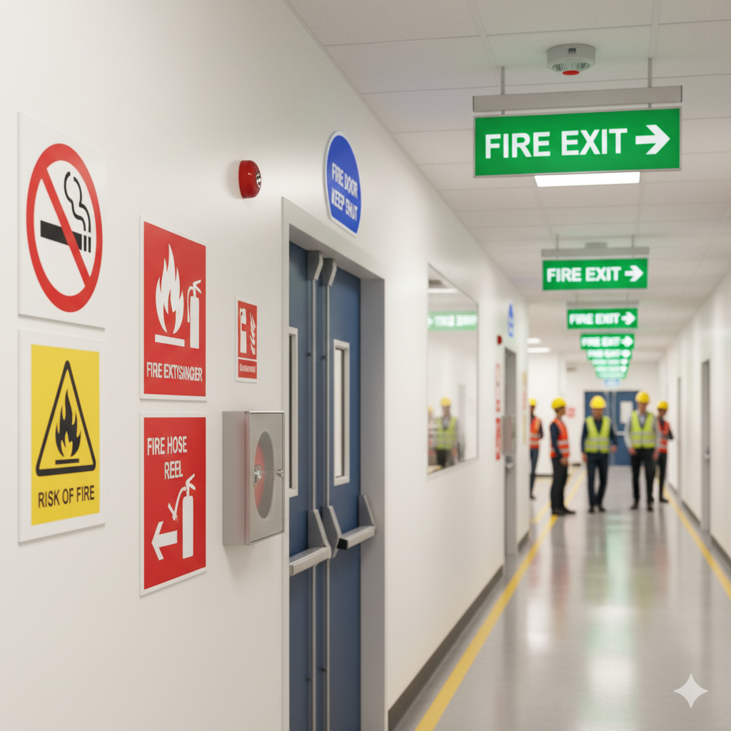 Znak ewakuacyjny z białą strzałką w górę na ścianie metra w Polsce