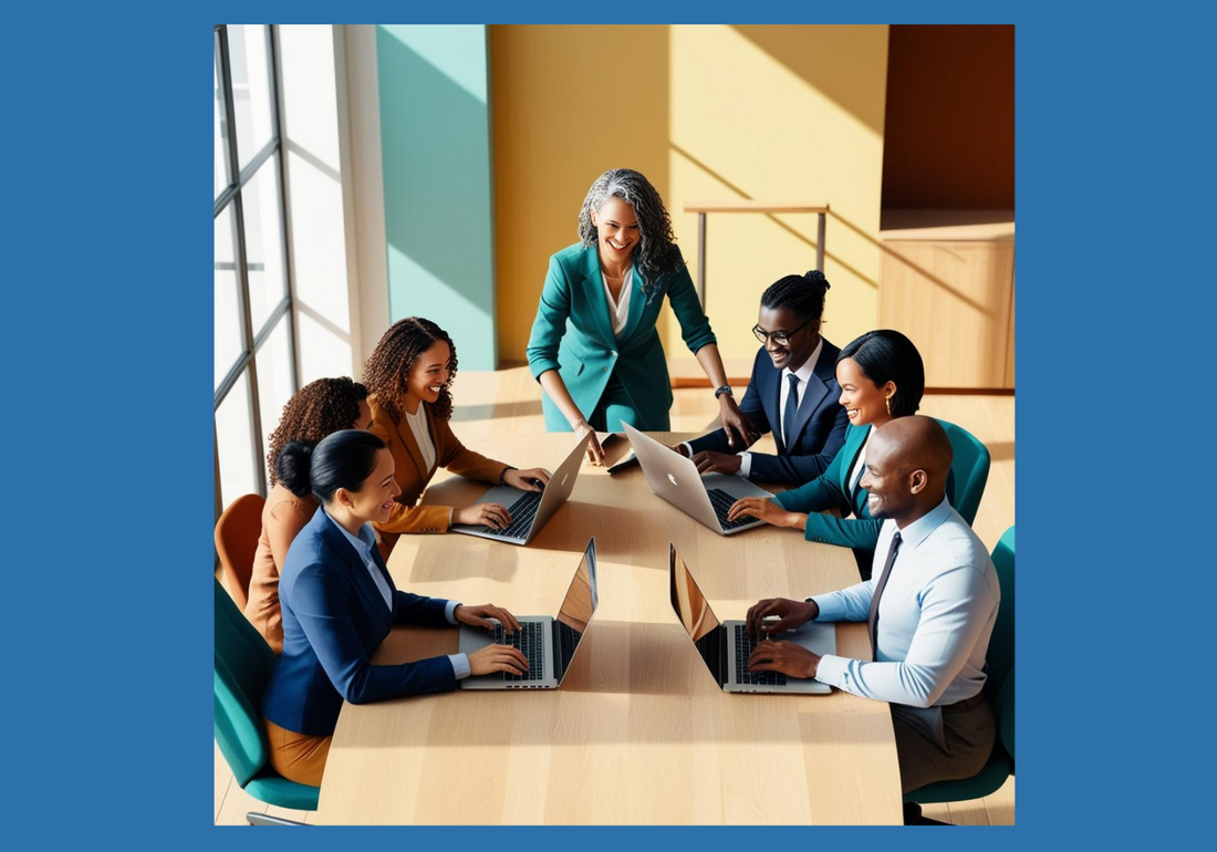 uśmiechnięty zespół programistów z nowymi laptopami w powiększonym biurze firmy